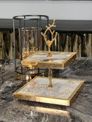 ZEYVE Présentoir à gâteau 2 étages motif marbré blanc doré